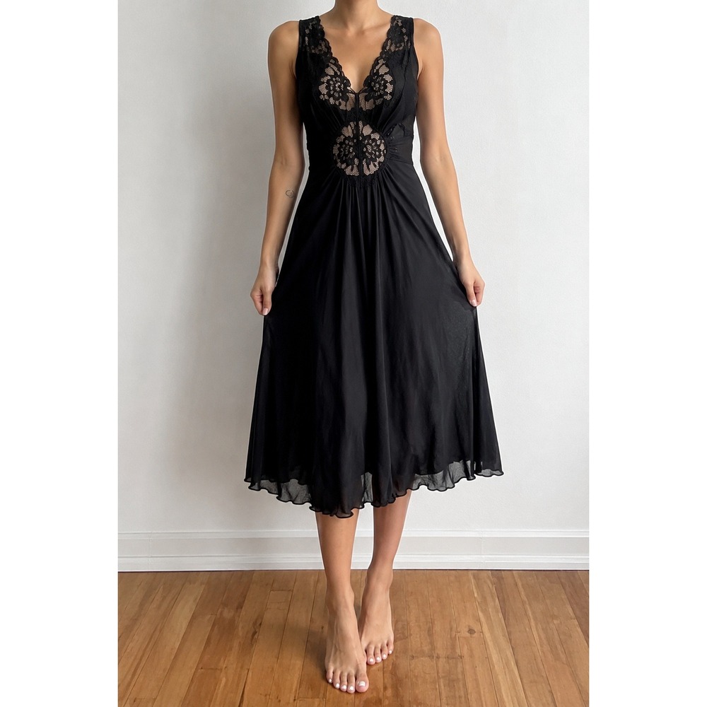 Vintage Black Lace Midi Slip Dress Small Empire Waist Fairy Grunge Whimsigoth